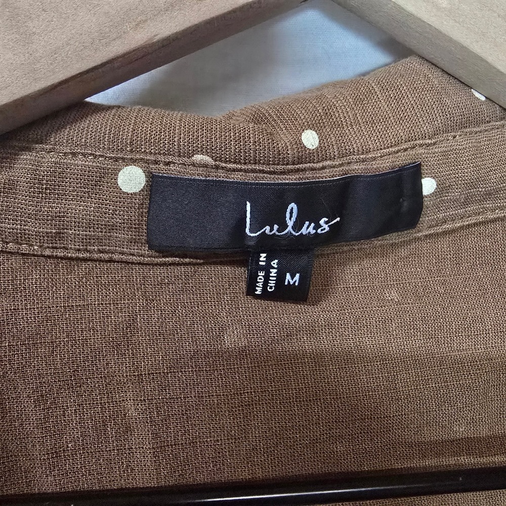 Lulus Amelia Dawn Brown Polka Dot Long Sleeve Button-Up Top M Linen Blend - Picture 3 of 6
